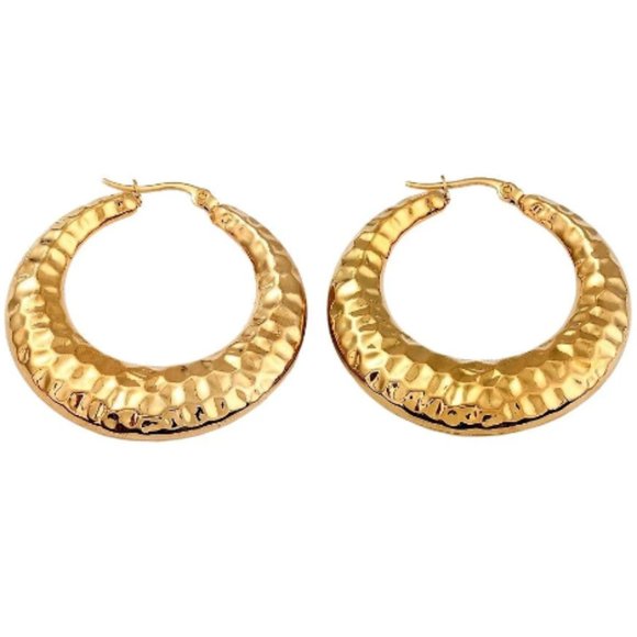 24K Gold Plated Hammered Hoop Pierced Post Earrings 43mm Oval Graduated Textured - Picture 2 of 15
